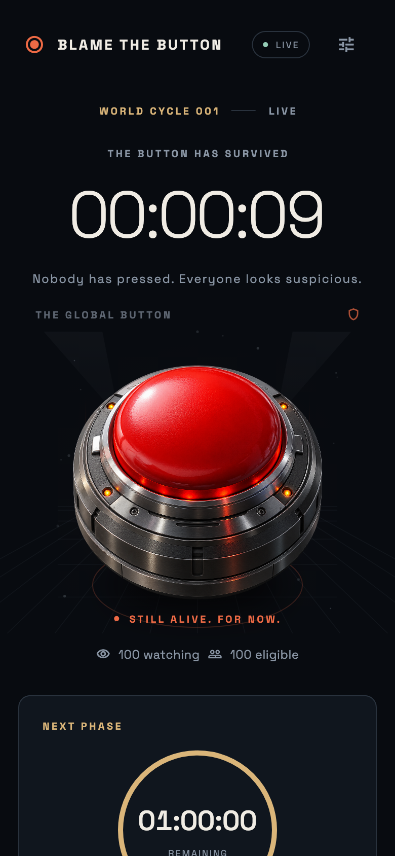 BlameTheButton development gameplay screen showing the shared timer and red button